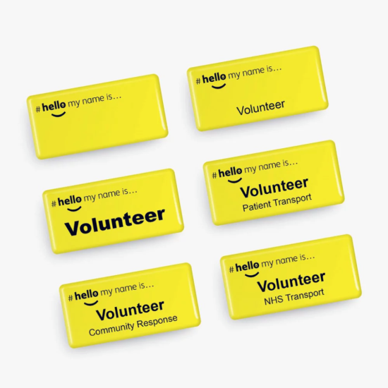 Volunteer Yellow Acrylic Domed Badges - #hellomynameis