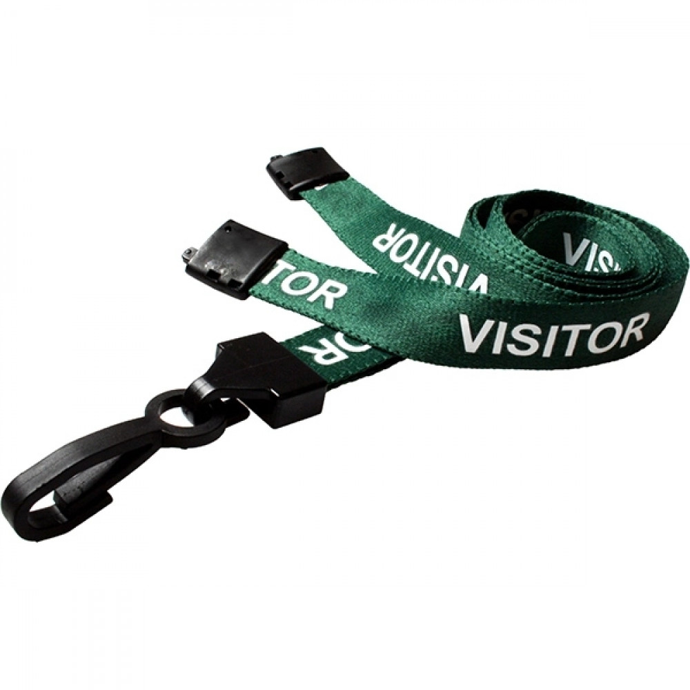 Dark Green Visitor Lanyards With Safety Breakaway Clip and Plastic Clip